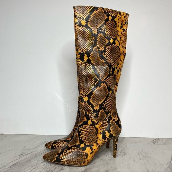 New! Steve Madden Kinga Yellow Snake Print Heeled Tall Faux Leather Boot 6M - Picture 15 of 15